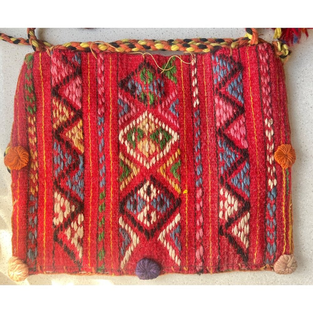 Bolivian Chuspa Cocoa Leaf Bag Backpack 11x14 Handwoven Wool Geometric & Striped - Picture 5 of 14